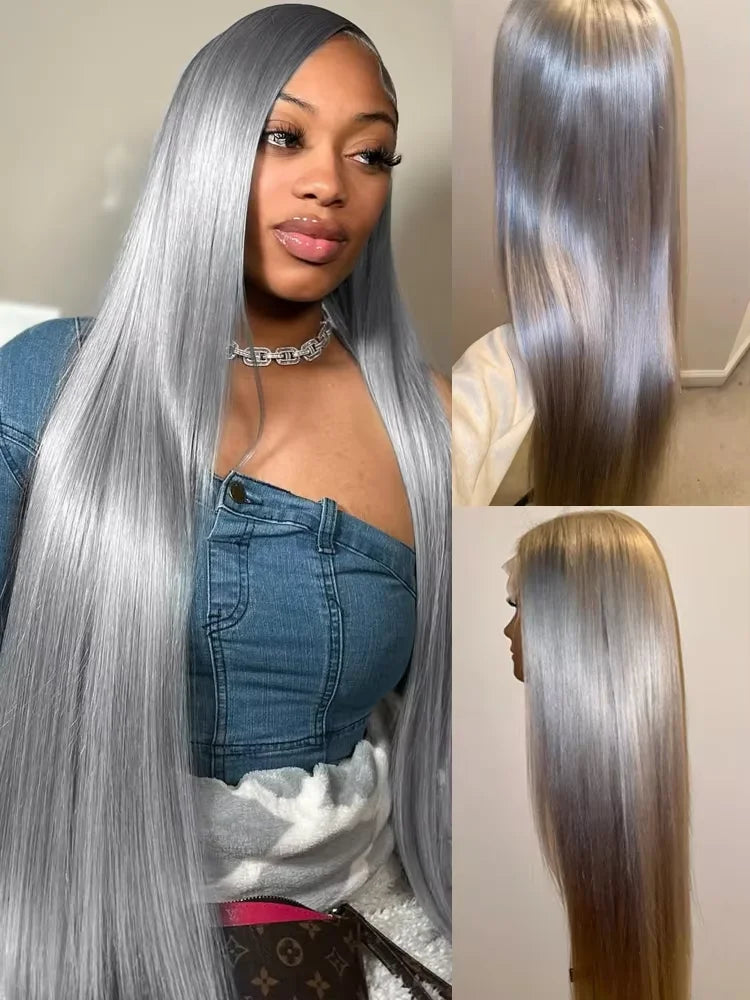 Silver Grey Straight Wigs Human Hair Vietnamese 250% Density 13x6 HD Lace Frontal Colored Wig 38 Pre Plucked With Black Women