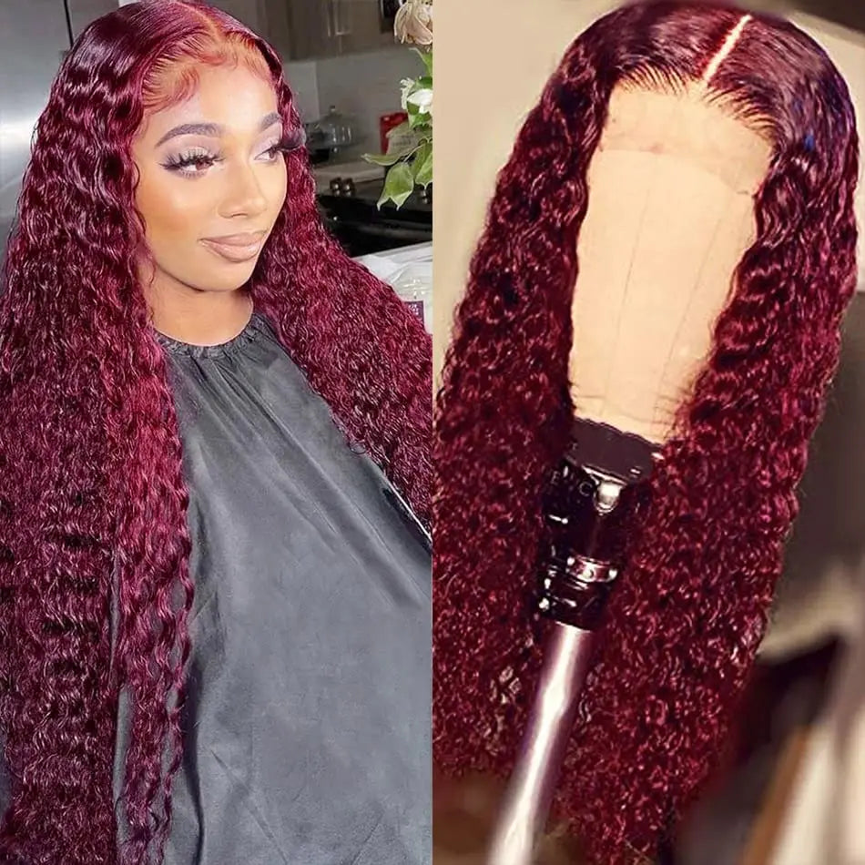 99J Curly Wigs Deep Wave Hd Lace Wig 13x6 Human Hair 100% Burgundy Red Colored Wigs 8-40 Inch Pre plucked Brazilian Wigs On Sale