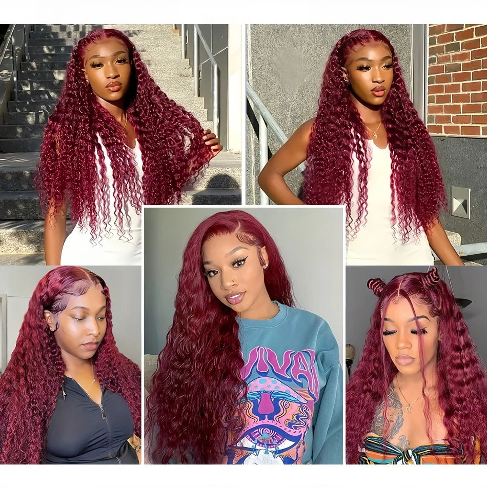 200 Density Burgundy 13x4 13x6 Hd Lace Frontal Red Remy Wig 100% Water Wave Curly Human Hair Pre Plucked Brazilian Colored Wigs