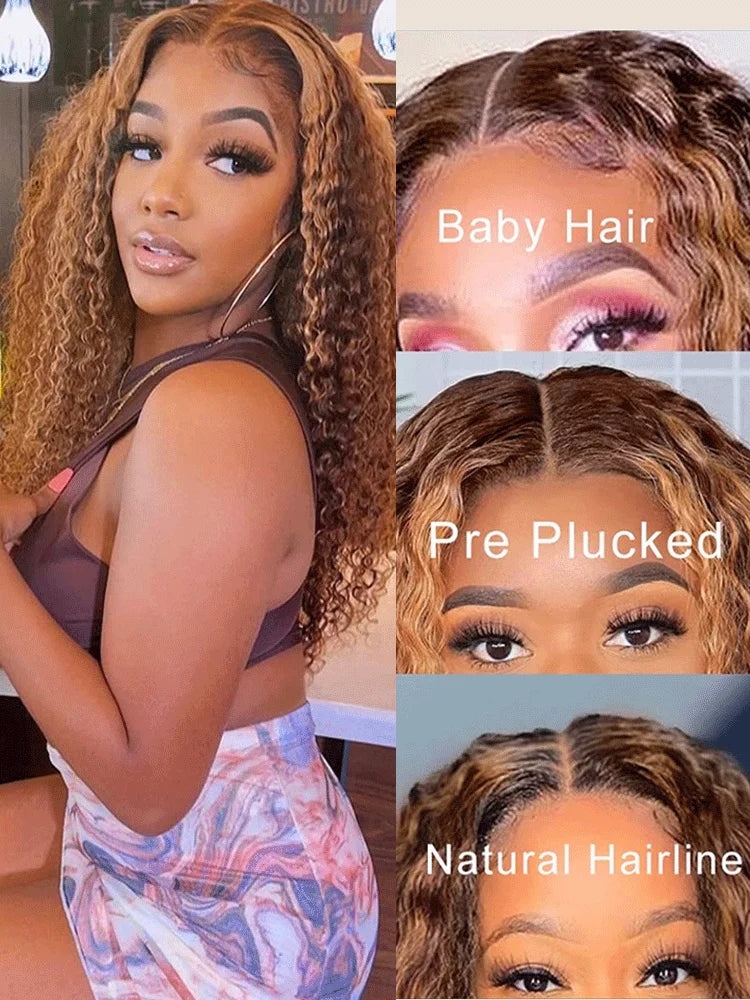 40 Inch Curly Highlight Ombre 13x4 Glueless Wigs Human Hair Brazilian Honey Blonde Colored Deep Wave Frontal Wigs For Women 250%