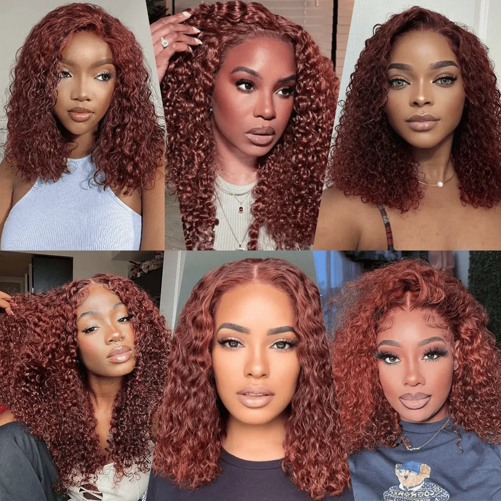 Reddish Brown Water Wave Lace Short Curly Wig Burgundy Red Remy Short Cut Bob Frontal Human Hair Wigs 100% Real Human Hair
