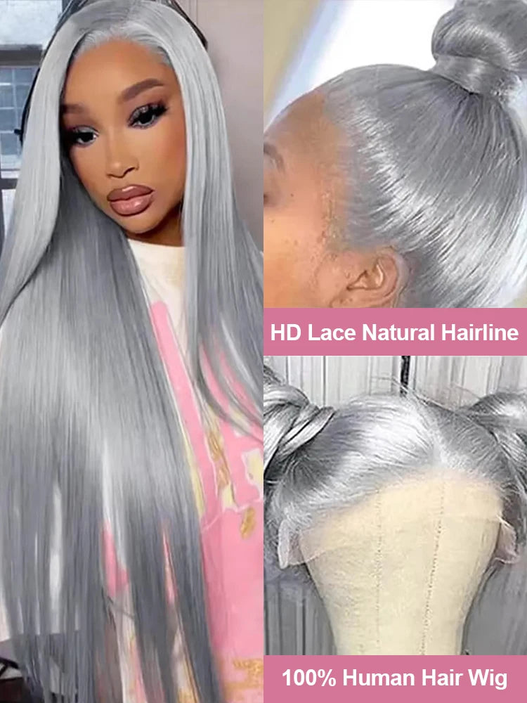 40 Inch Silver Grey Colored Straight Lace Front Human Hair Wigs HD Transparent 13x6 13x4 Lace Frontal Wigs For Women Pre Plucked