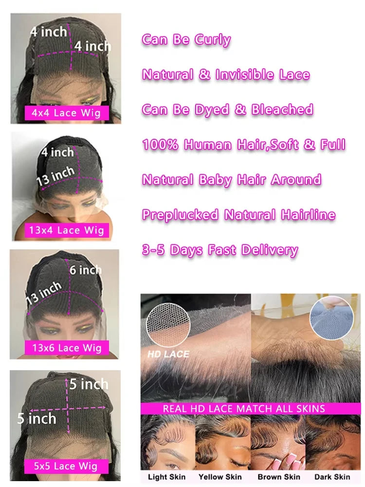 30 40 Inch Human Hair Wigs 13x4 13x6 Straight Lace Frontal Wigs 360 Front Human Hair 250Density PrePlucked Closure Wig For Women