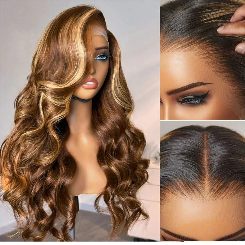 13x6 HD Highlight Body Wave Lace Front Wig 4/27 Highlight Brown Colored 13x4 Glueless Lace Front Human Hair Wigs Pre plucked