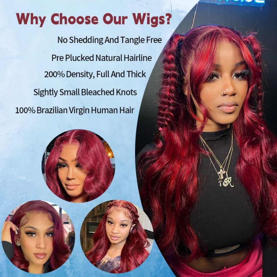 Burgundy Body Wave 99J 13x6 HD Lace Frontal Brazilian Pre-Plucked Colored Wig 13x4 HD Lace Red Remy Human Hair Wig for Women