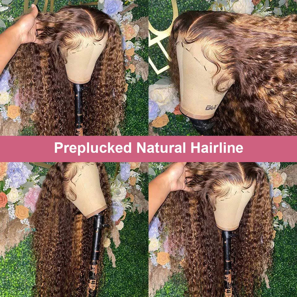 40 Inch Curly Highlight Ombre 13x4 Glueless Wigs Human Hair Brazilian Honey Blonde Colored Deep Wave Frontal Wigs For Women 250%