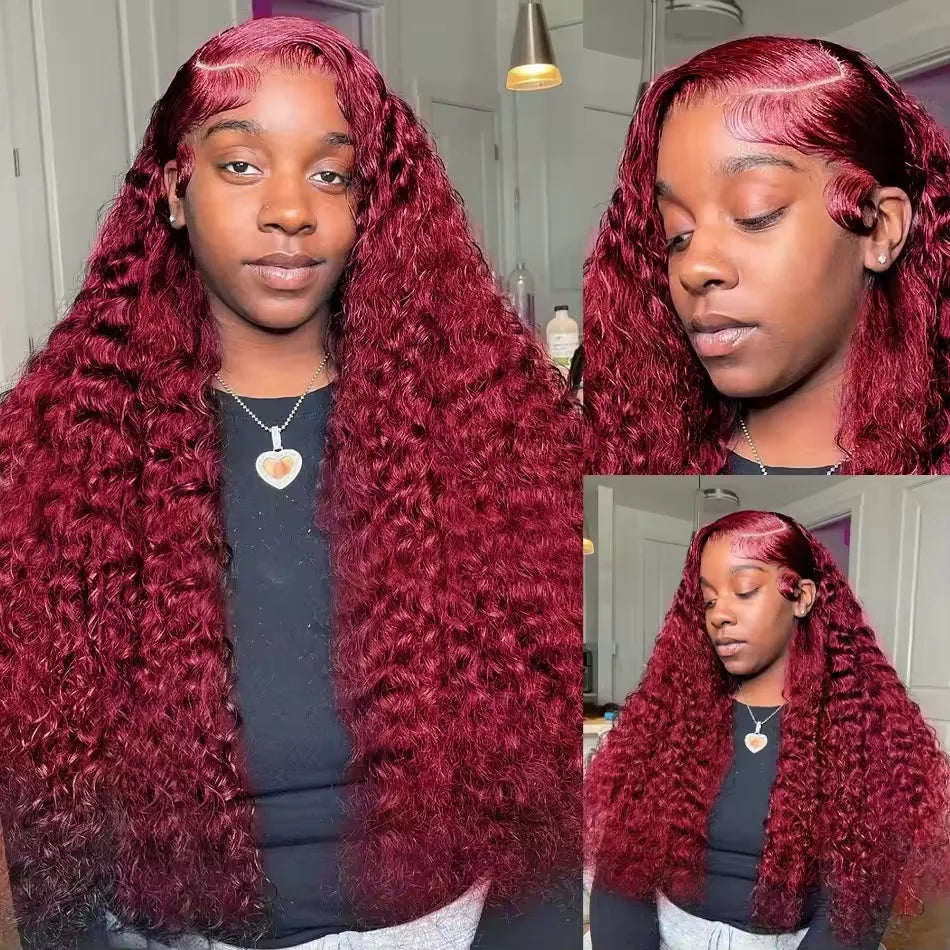 200 Density Burgundy 13x4 13x6 Hd Lace Frontal Red Remy Wig 100% Water Wave Curly Human Hair Pre Plucked Brazilian Colored Wigs