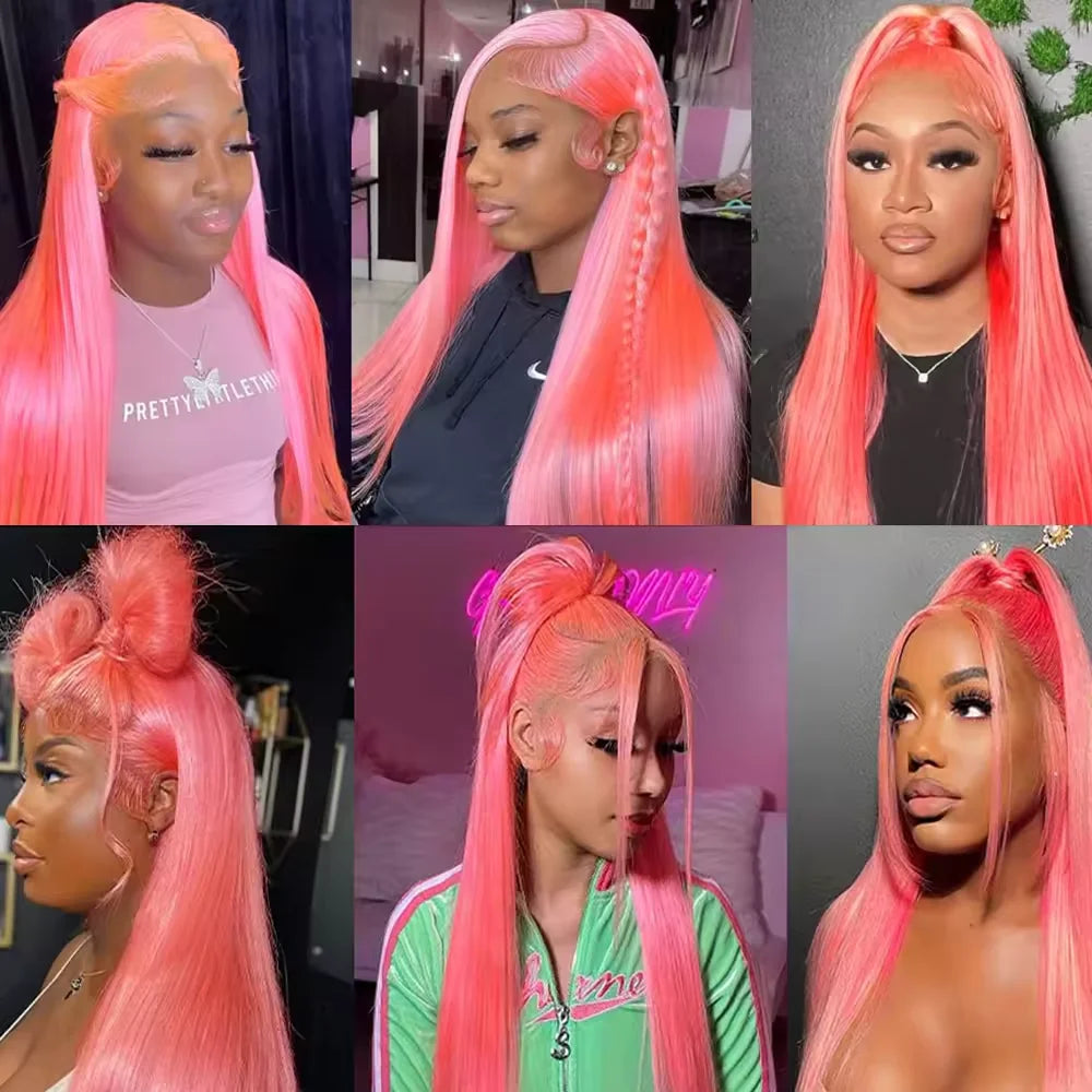 Pink Straight 13X4 Transparent Lace Frontal Wigs Brazilian 250% Lace Front Wig Colored Human Hair Wigs For Women Pre Plucked