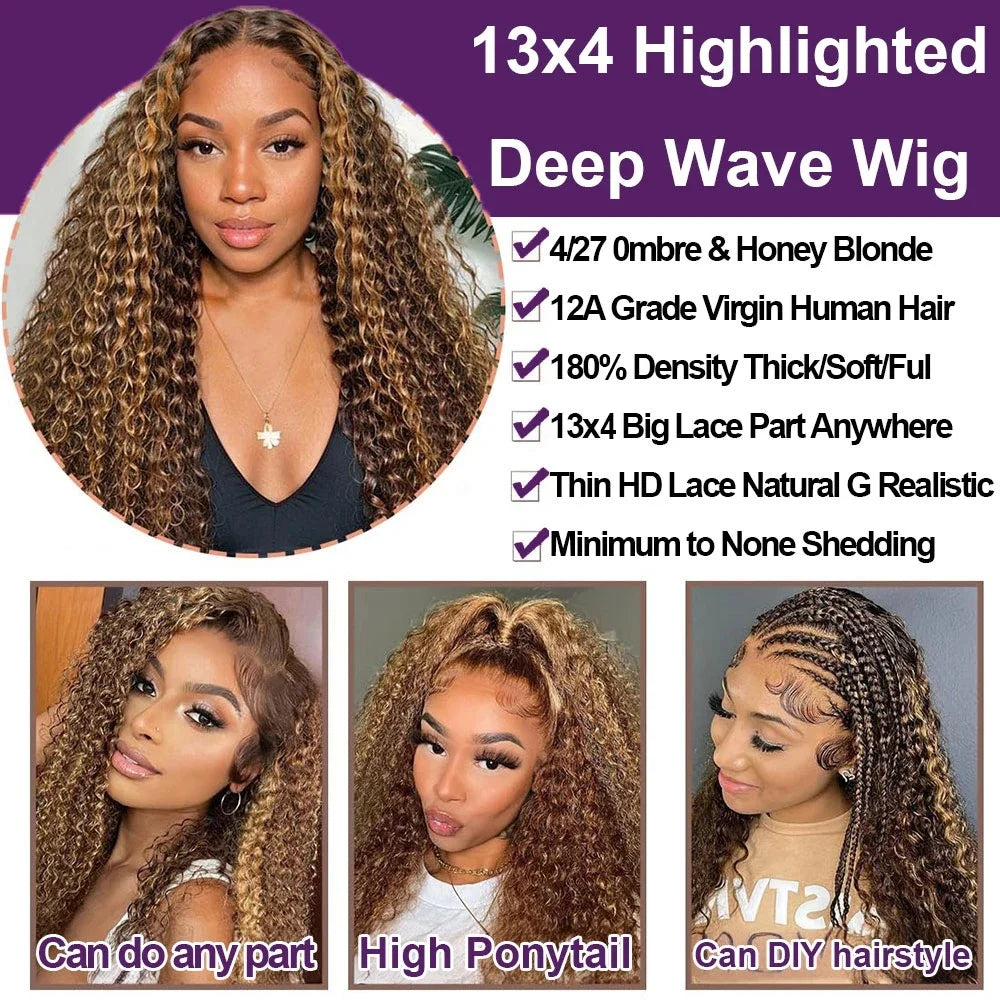 Curly Deep Wave Highlight Wigs Pre-cut Glueless 7x5 Lace Wig 4/27 Highlight Lace Front Wigs 100% Human Hair For Black Women