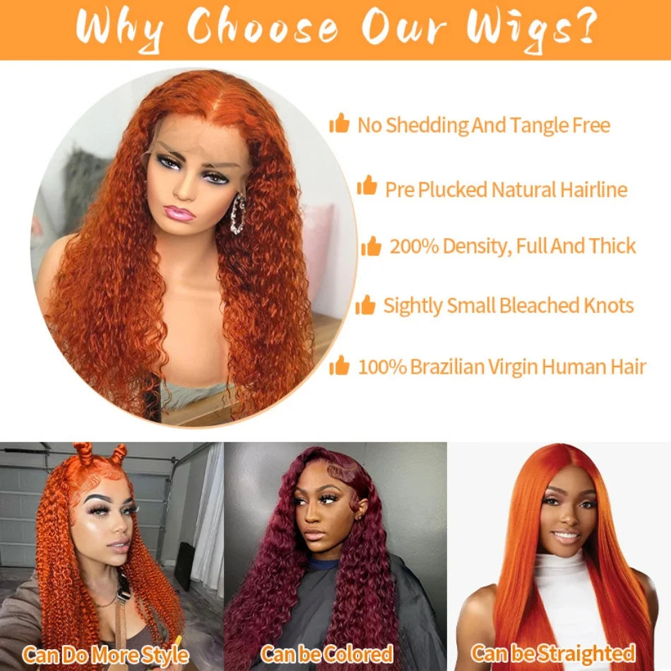 350# Orange Ginger Human Hair Wig Water Wave Curly Human Hair Wig 100% Brazilian Colored hd Lace Wig 13x4 13x6 Virgin Human Hair