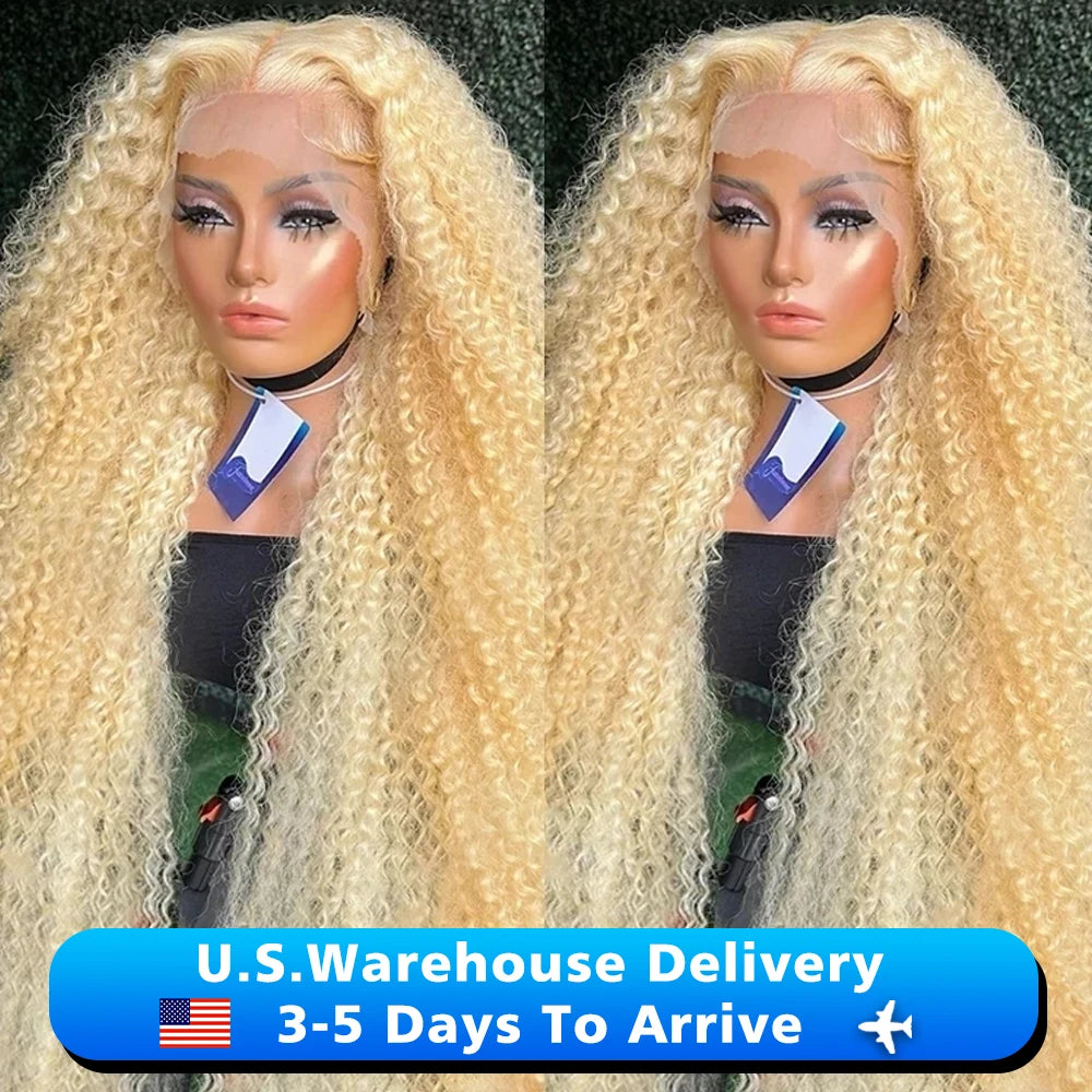 40 inch Curly 613 Honey Blonde Lace Front Human Hair Wigs Loose Deep Wave 13x6 HD Water Wave Color Transparent Lace Frontal Wig