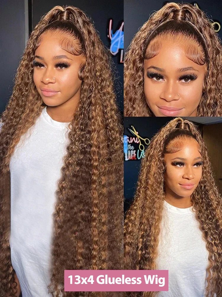 40 Inch Curly Highlight Ombre 13x4 Glueless Wigs Human Hair Brazilian Honey Blonde Colored Deep Wave Frontal Wigs For Women 250%