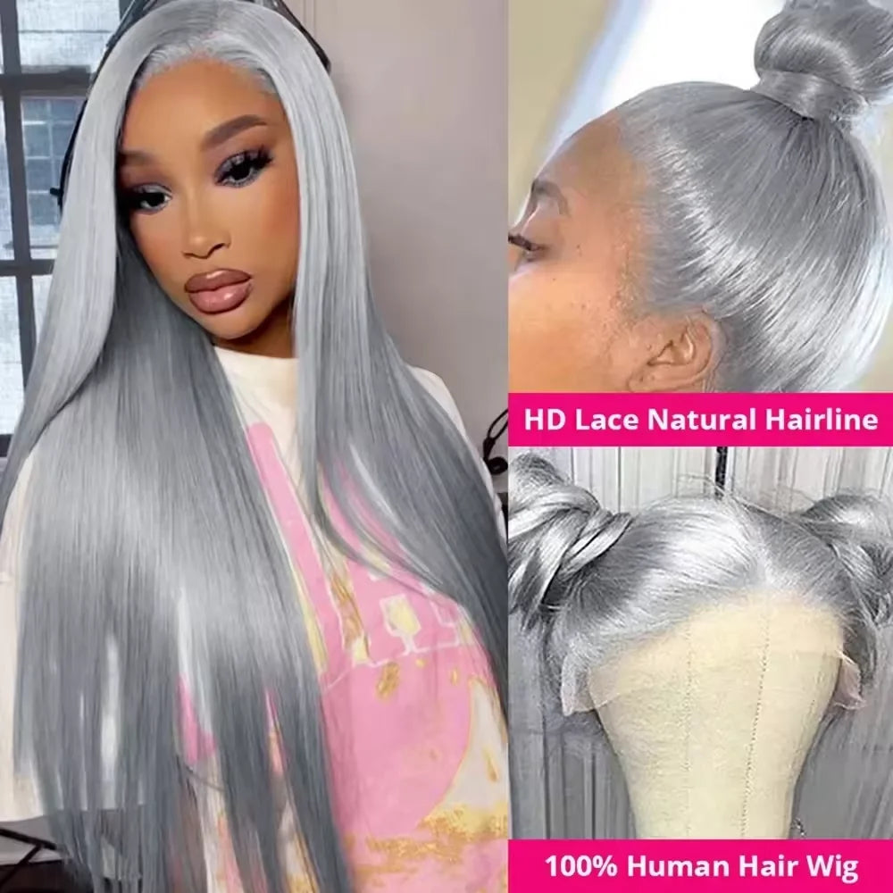 Silver Gray Bone Straight Lace Frontal Wig 13x4 Lace Front Human Hair Wigs For Women Preplucked Gray Colored Wigs Human Hair