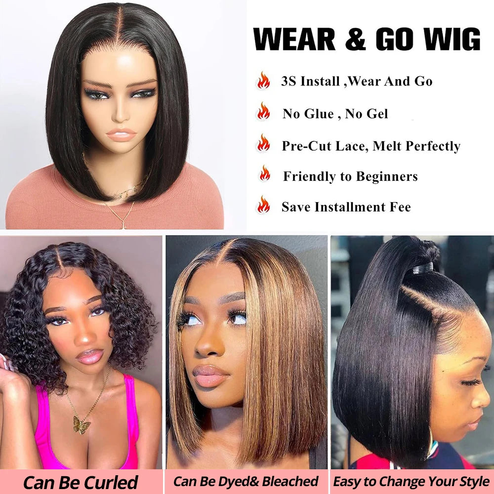 Glueless Straight Bob 7x5 Transparent Lace Wig 100% Human Hair Natural Black 13x4 Pre Cut HD Transparent Lace Closure Wig