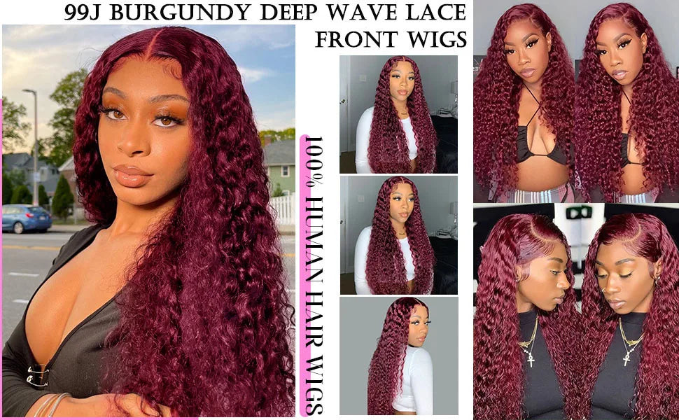 250 Density 99J Burgundy 30 40 Inch Deep Wave 13x4 Lace Front Wig Curly Red Colored 13x6 HD Transparent Lace Frontal Human Hair