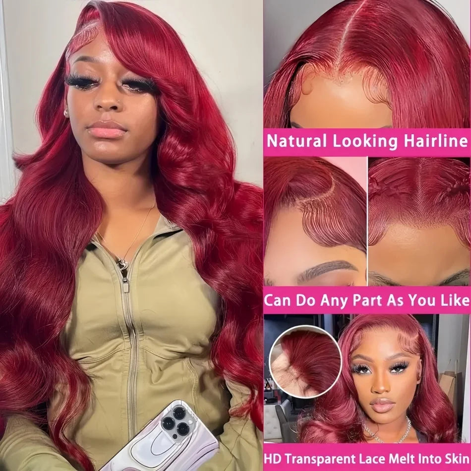 Burgundy Body Wave 99J 13x6 HD Lace Frontal Brazilian Pre-Plucked Colored Wig 13x4 HD Lace Red Remy Human Hair Wig for Women