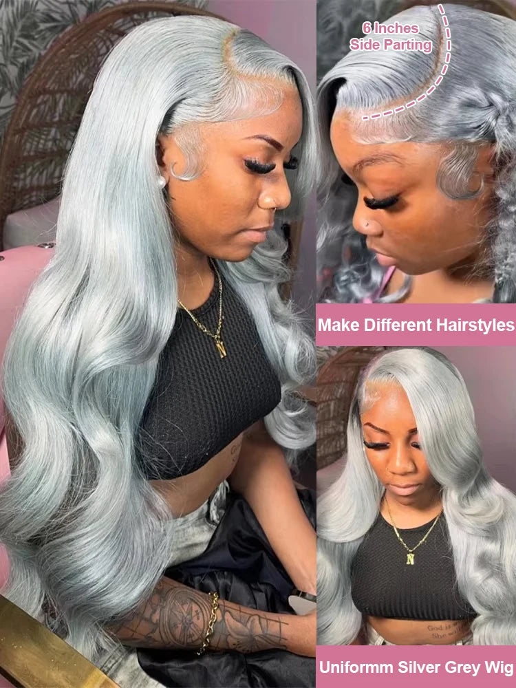 40 Inch Silver Grey Colored Body Wave Human Hair Wigs Brazilian HD Transparent 13x6 13x4 Lace Frontal Wigs For Women 250 Density
