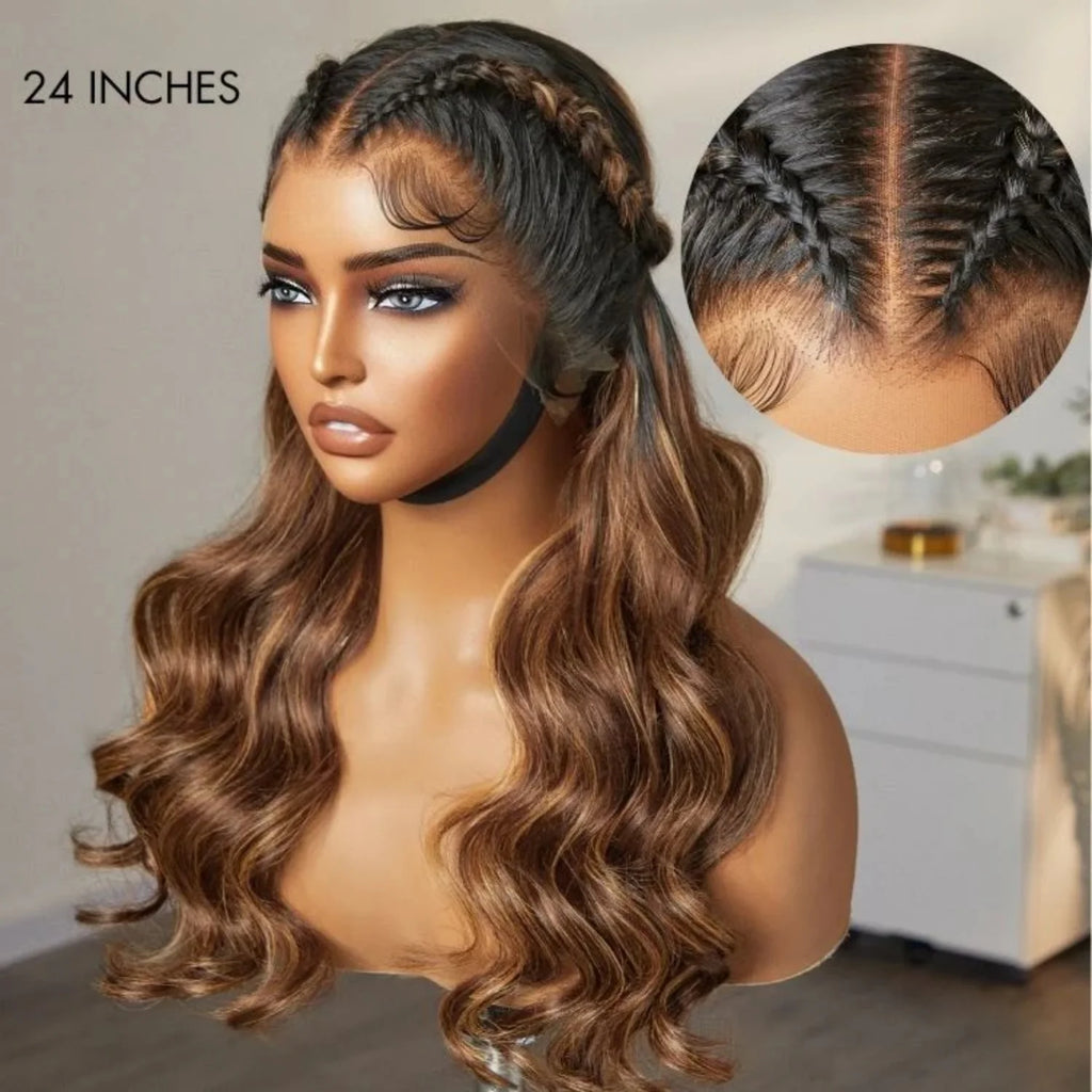 Ombre P4/27 Loose Body Wave Glueless Wig 13x4 Frontal Lace Wig 100% Human Hair Honey Blonde Highlight Wig 180% Density For Women