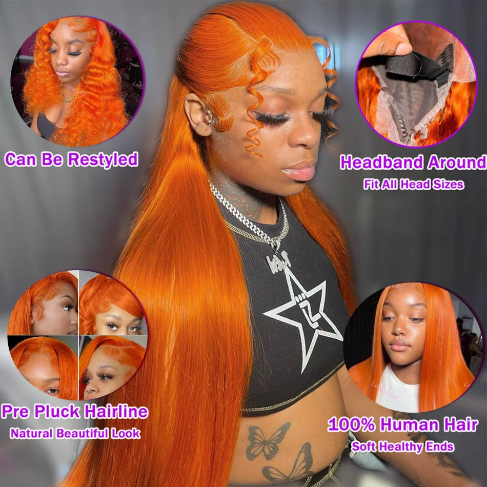Orange Ginger Lace Frontal Wig 200 Density Bone Straight Lace Front Wig 13x4 13x6 Lace 100% Brazilian Colored Ginger Human Hair