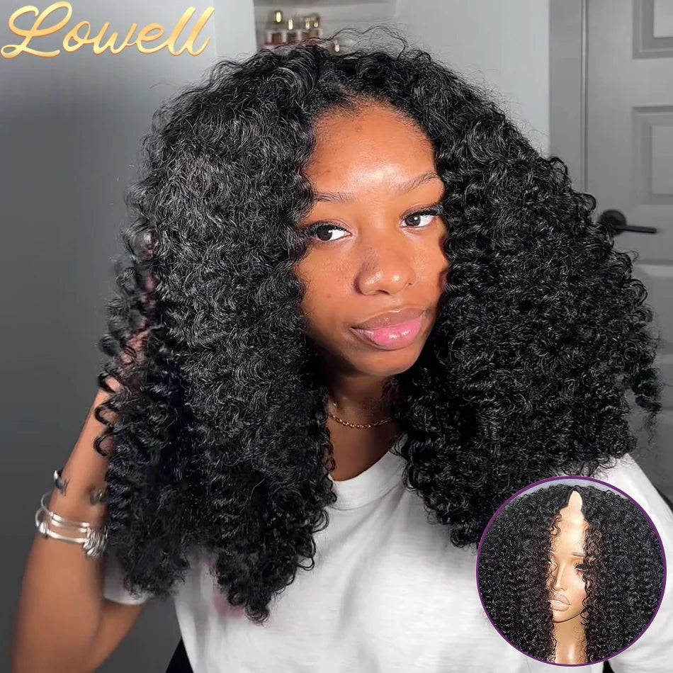 200 Density Kinky Curly Wigs V Part Human Hair No Leave Out Upgrade Deep Wave Curly V Shape Wig 100% No Glue Clip In Half Wigs