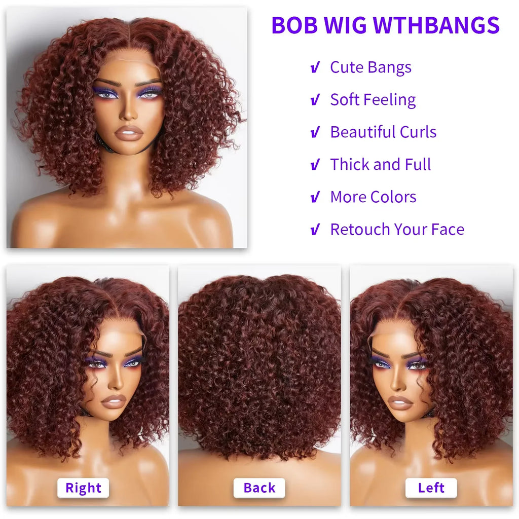 Reddish Brown Water Wave Lace Short Curly Wig Burgundy Red Remy Short Cut Bob Frontal Human Hair Wigs 100% Real Human Hair