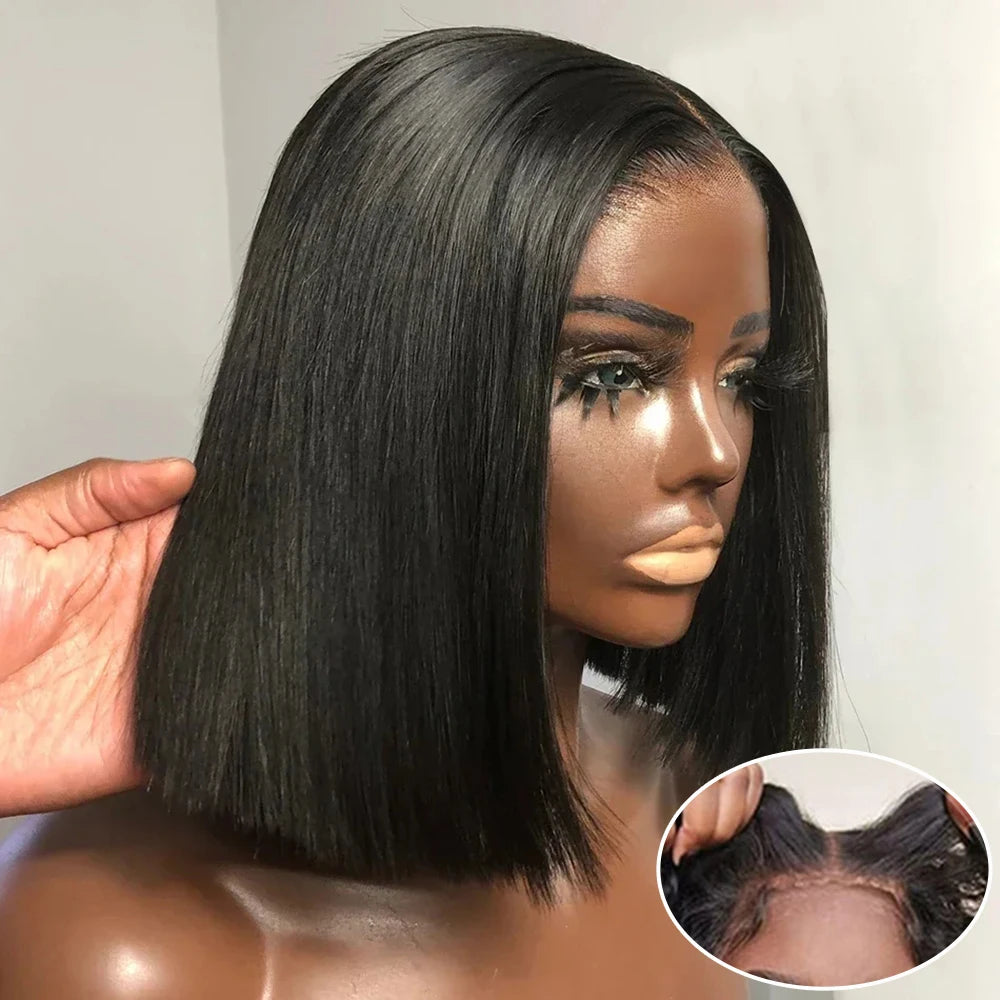 Glueless Straight Bob 7x5 Transparent Lace Wig 100% Human Hair Natural Black 13x4 Pre Cut HD Transparent Lace Closure Wig