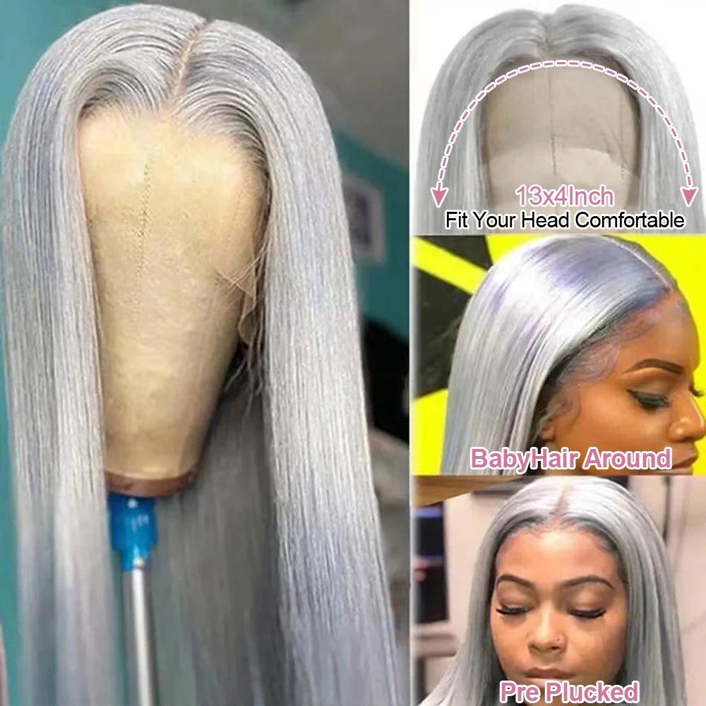 40 Inch Silver Grey Colored Straight Lace Front Human Hair Wigs HD Transparent 13x6 13x4 Lace Frontal Wigs For Women Pre Plucked