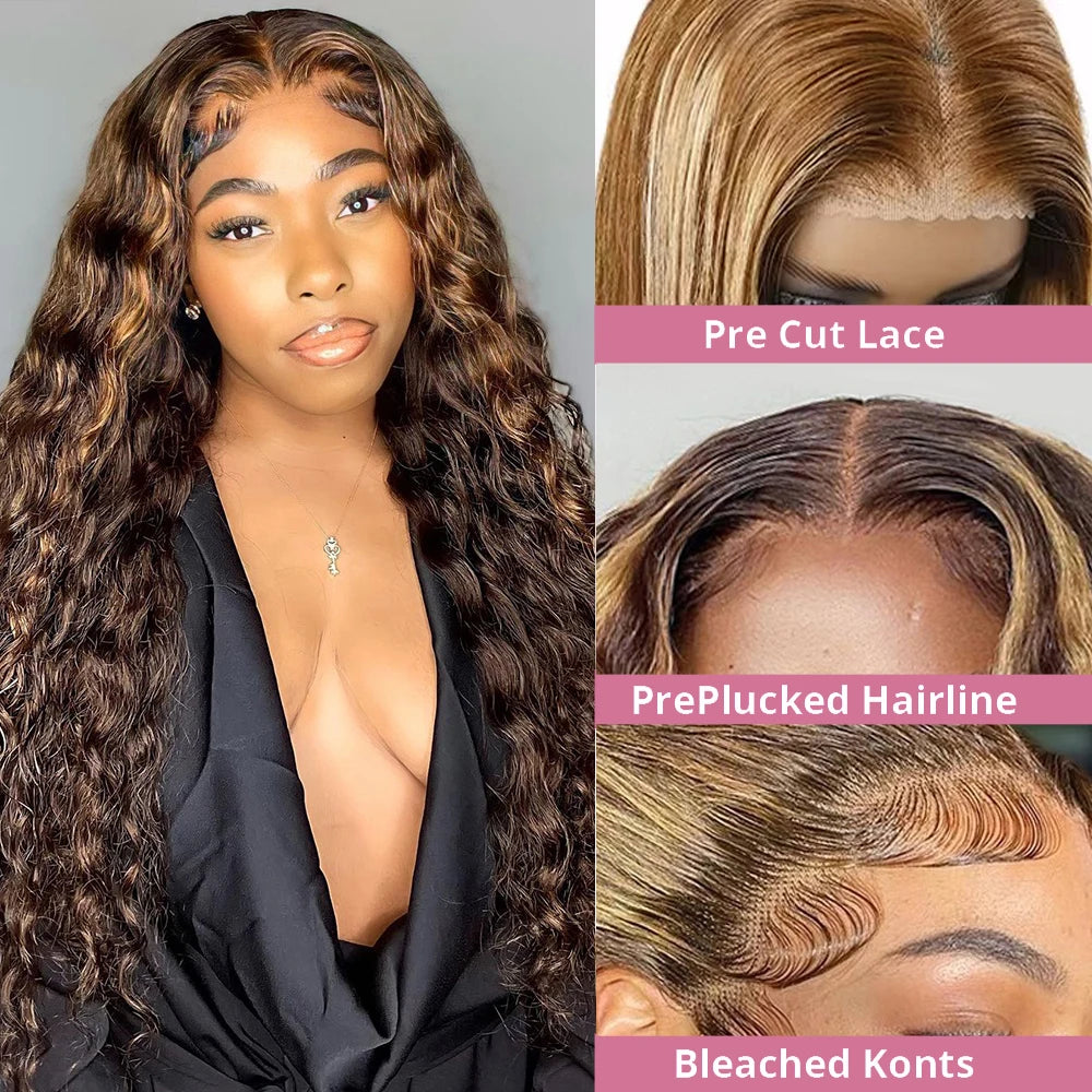40 Inch Curly Highlight Ombre 13x4 Glueless Wigs Human Hair Brazilian Honey Blonde Colored Deep Wave Frontal Wigs For Women 250%