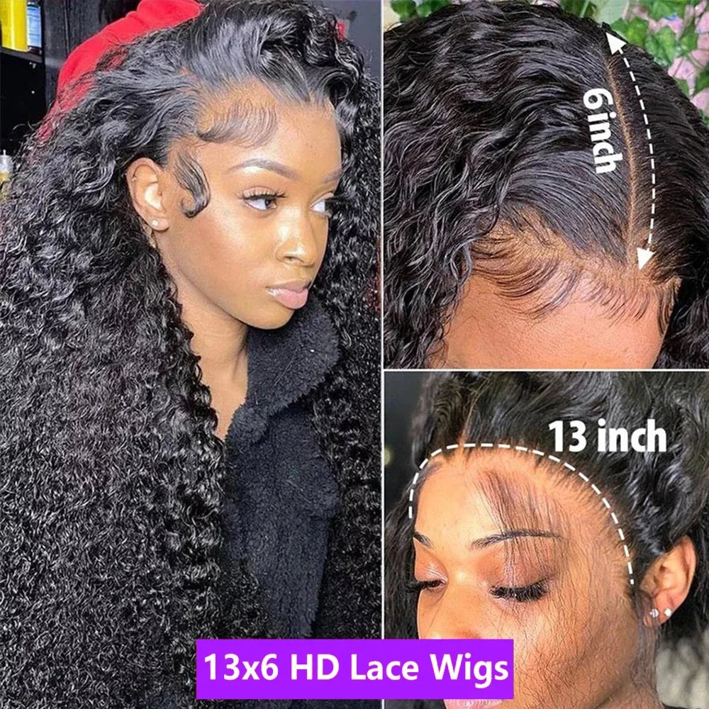 250 Density 13x6  HD Transparent Deep Wave Human Hair Lace Frontal Wig  Curly Lace Front Human Hair Wigs For Black Women