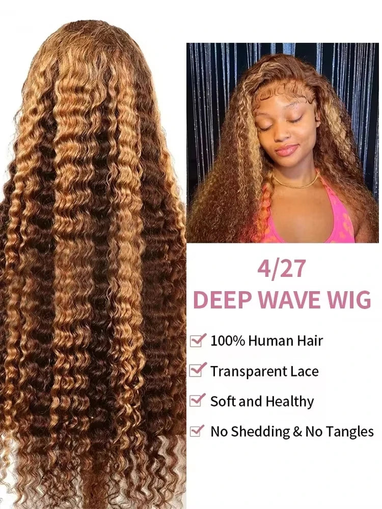 250 Density Curly Highlight 13x6 Lace Frontal Wig Human Hair 40 Inch 4/27 Ombre Deep Wave Wigs 13x4 Transparent Lace Frontl Wig