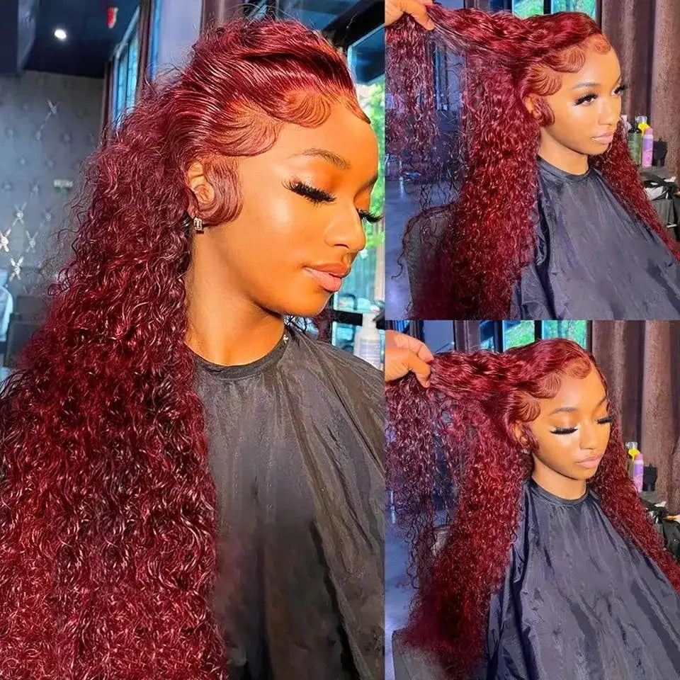 250 Density 99J Burgundy 30 40 Inch Deep Wave 13x4 Lace Front Wig Curly Red Colored 13x6 HD Transparent Lace Frontal Human Hair