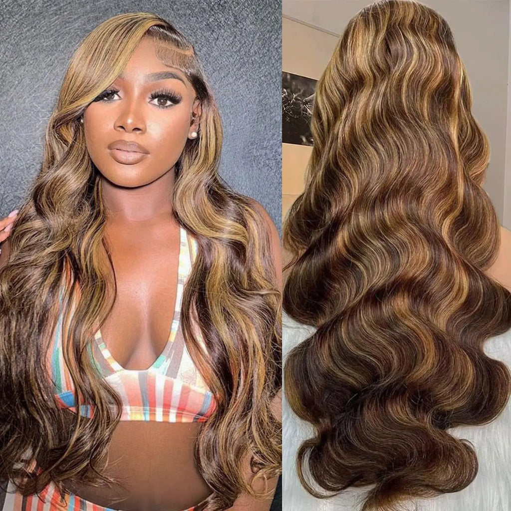 13x6 HD Highlight Body Wave Lace Front Wig 4/27 Highlight Brown Colored 13x4 Glueless Lace Front Human Hair Wigs Pre plucked