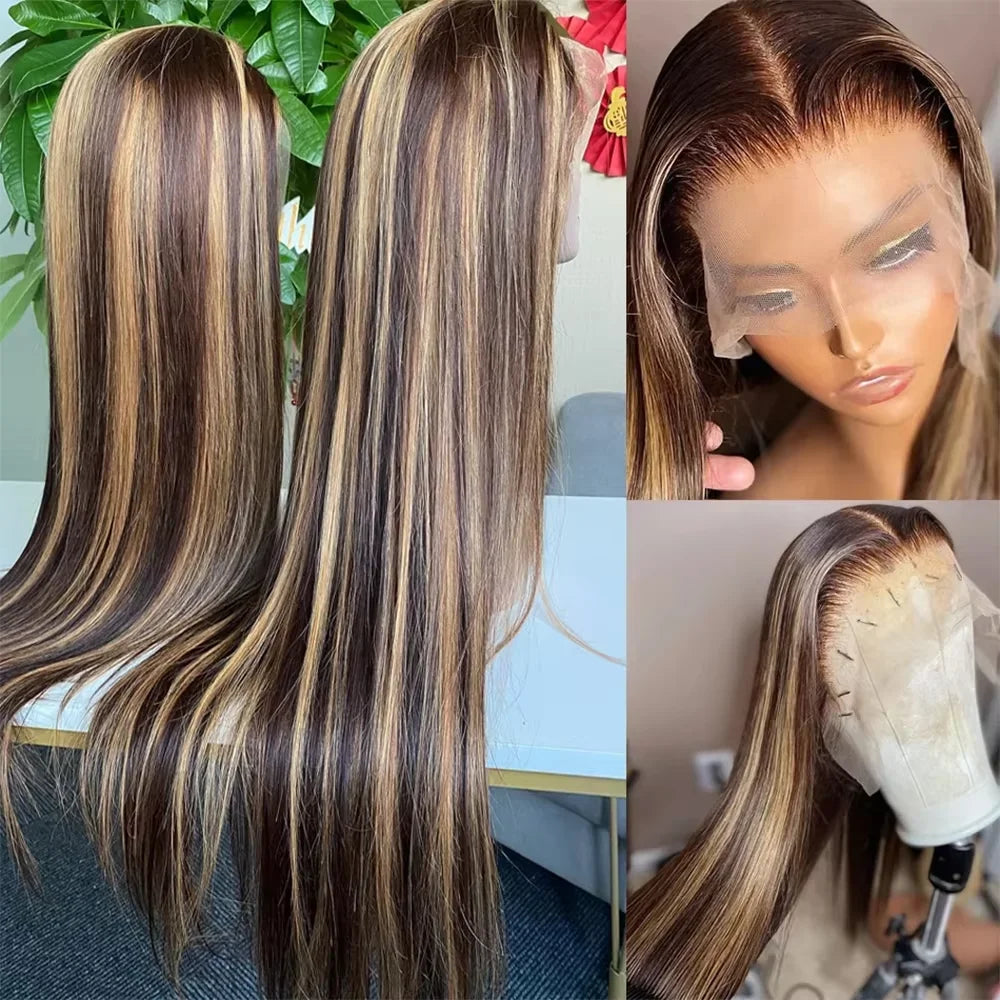 30 32 Inch 4/27 Highlight Ombre 13x4 HD Lace Front Wig Bone Straight 13x6 Lace Frontal Human Hair Wigs 180% Density Preplucked