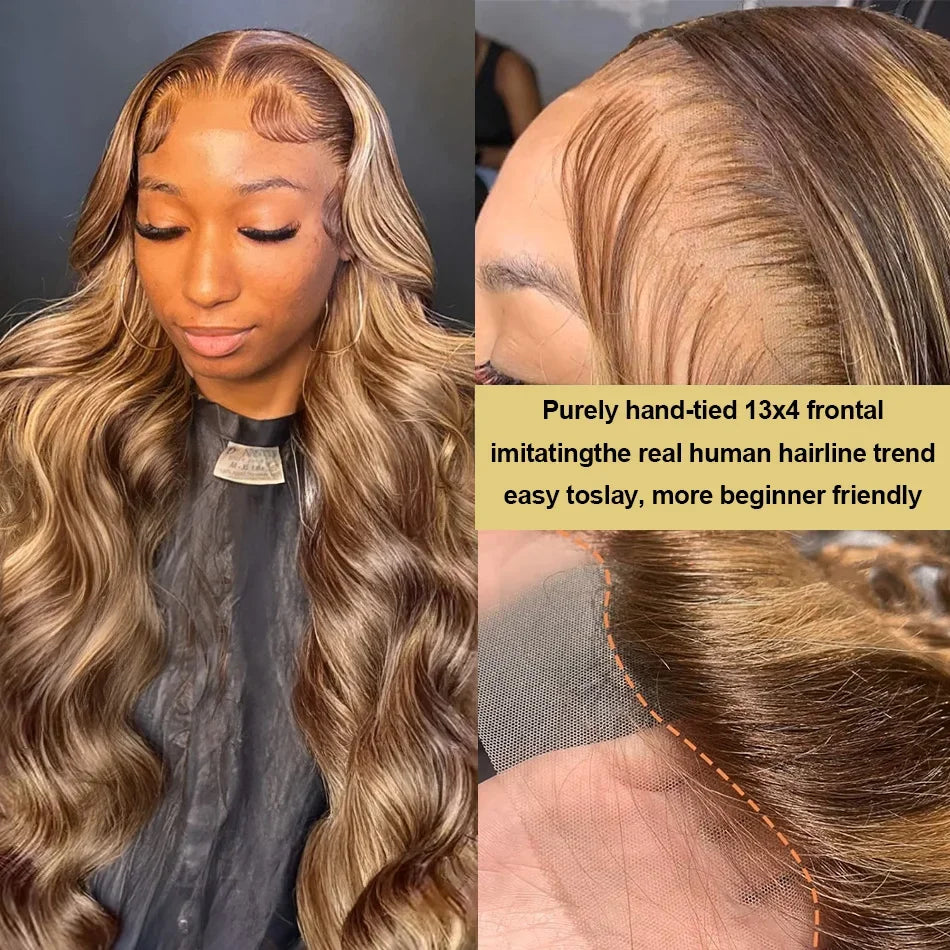 30 40 Inch 250 Density 4/27 Highlight Ombre Blonde Body Wave 13x4 Lace Front Wig Brown Color 13x6 HD Lace Frontal Human Hair Wig