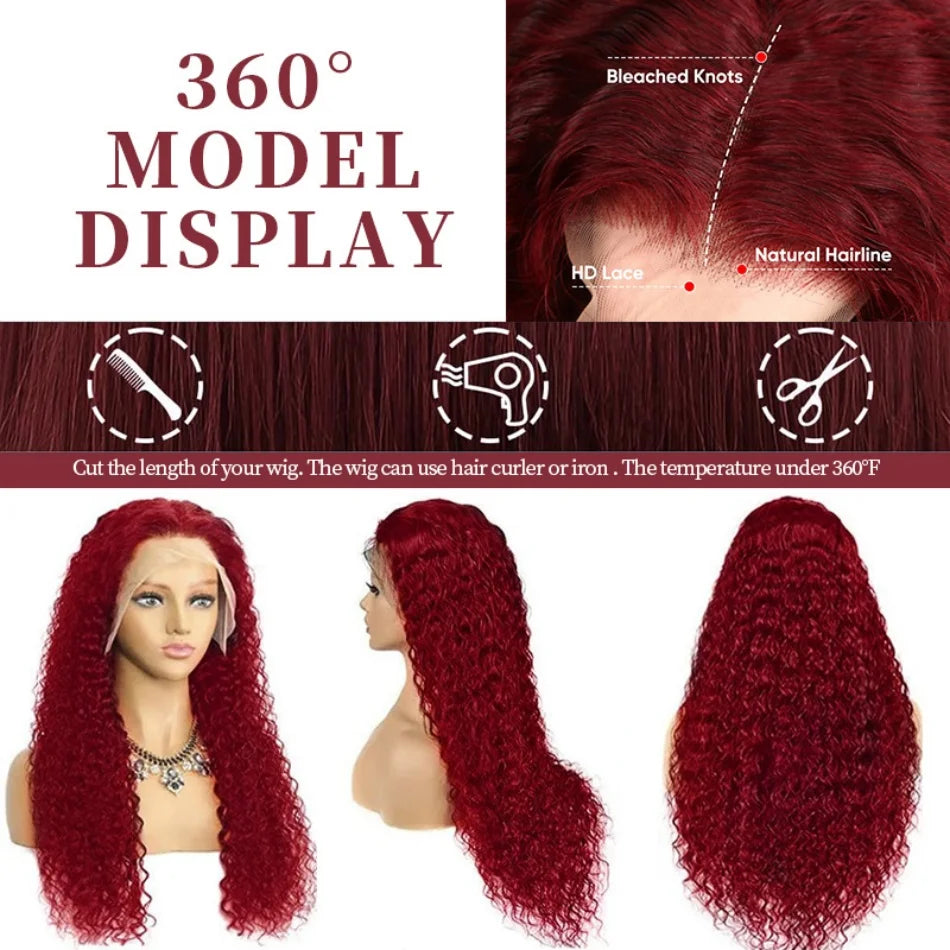 200 Density Burgundy 13x4 13x6 Hd Lace Frontal Red Remy Wig 100% Water Wave Curly Human Hair Pre Plucked Brazilian Colored Wigs