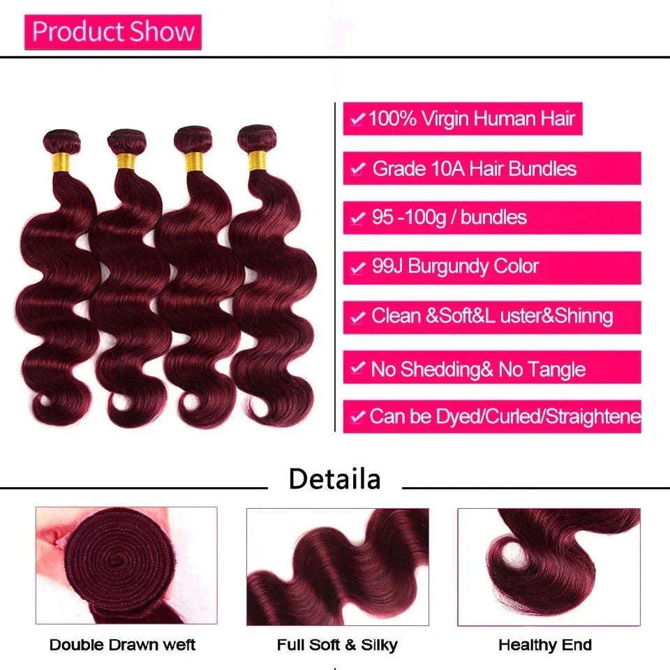 14A Burgundy Hair Bundles #99J Body Wave Bundles Red Colored Human Hair Bundles 1/3/4 PCS Brazilian Virgin Hair Weave Extension