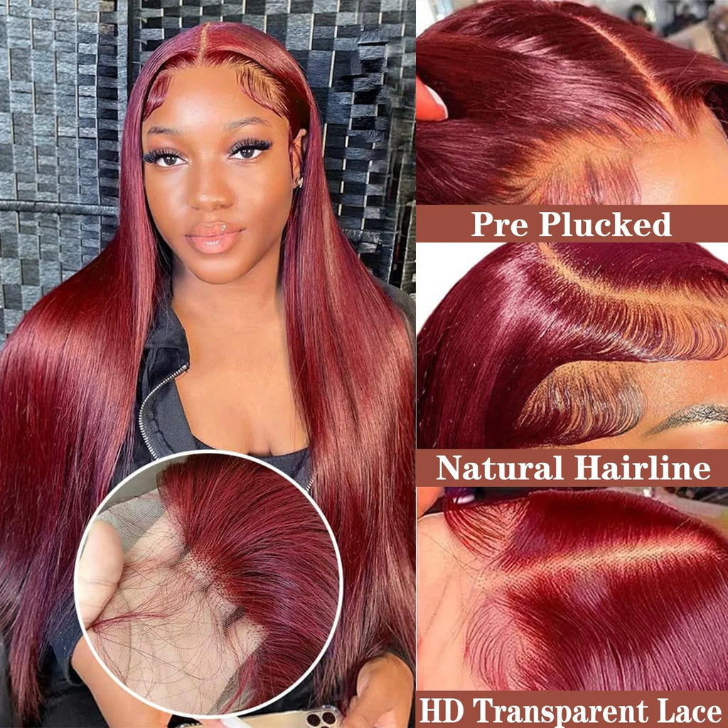 99J Straight Glueless Wig Human Hair Ready to wear Burgundy Red Colored Wigs 250 Density 13x4 Brazilian Human Hair Wig For Women