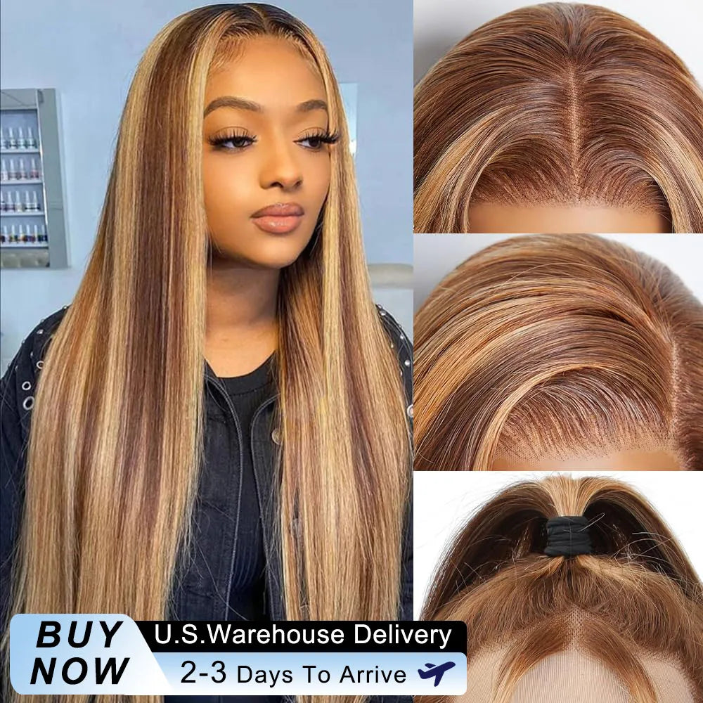 40 Inch Brown Ombre Highlight Wig Human Hair 13x6 Straight HD Lace Frontal Wigs 250 Density Brazilian Lace Front Human Hair Wig