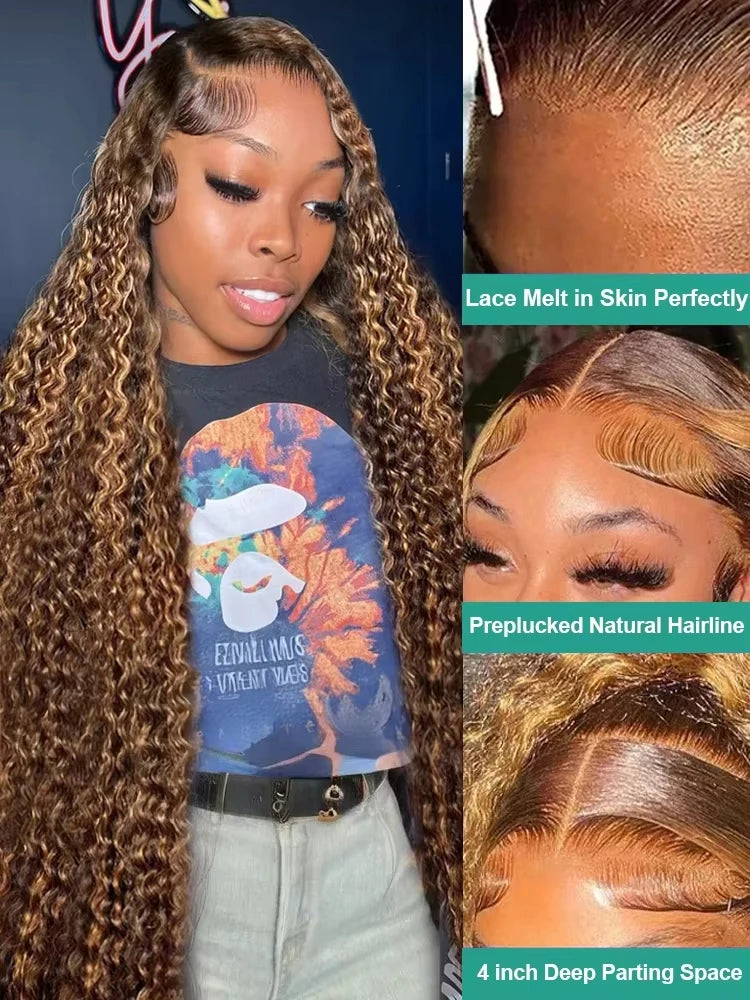 250 Density Curly Highlight 13x6 Lace Frontal Wig Human Hair 40 Inch 4/27 Ombre Deep Wave Wigs 13x4 Transparent Lace Frontl Wig