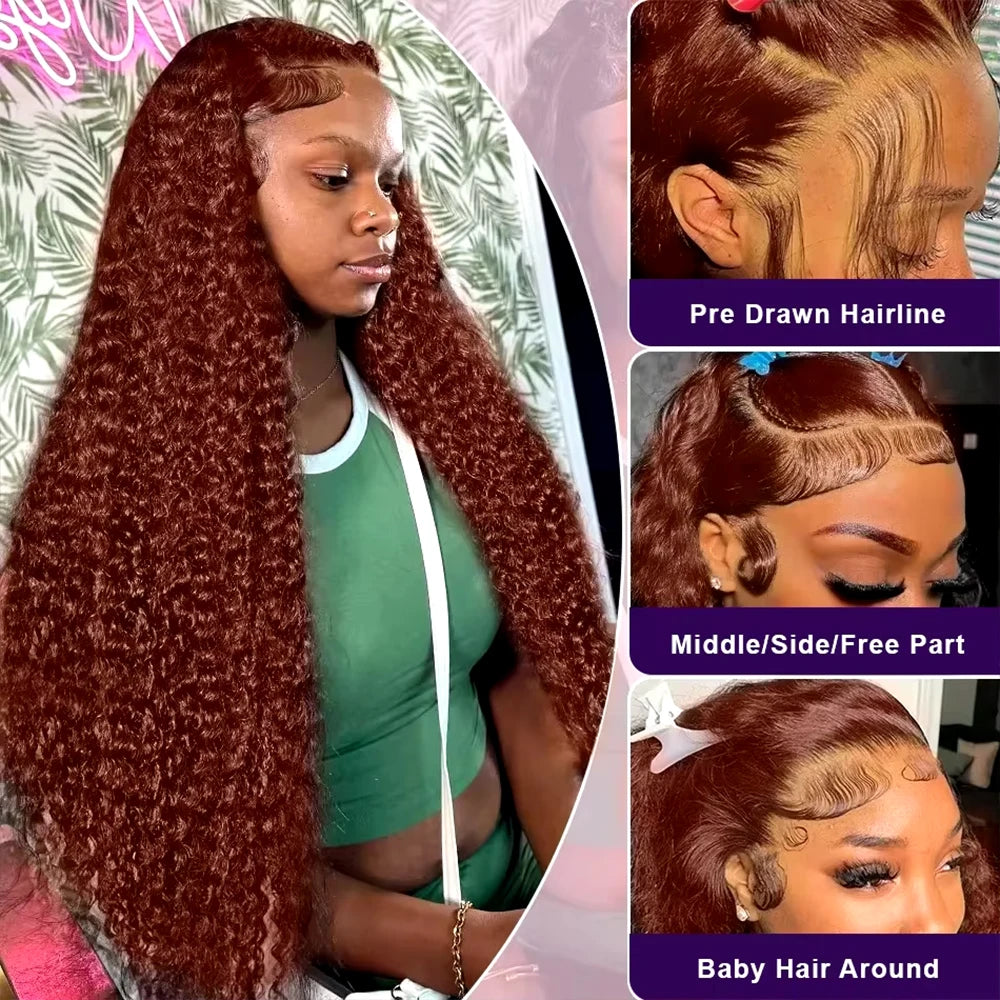 180% Reddish Brown 13x4 Deep Wave Lace Frontal Wig 30 34 Inch Deep Curly Brazilian 13x6 Lace Front Human Hair Wigs For Women