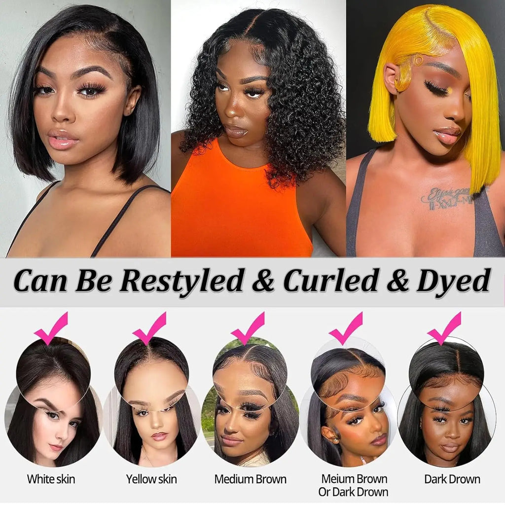 4x4 Short Bob Lace Front Glueless Human Hair Wigs Transparent Lace Closure Plucked Pre Cut 180% Density Short Bob Wigs For Women