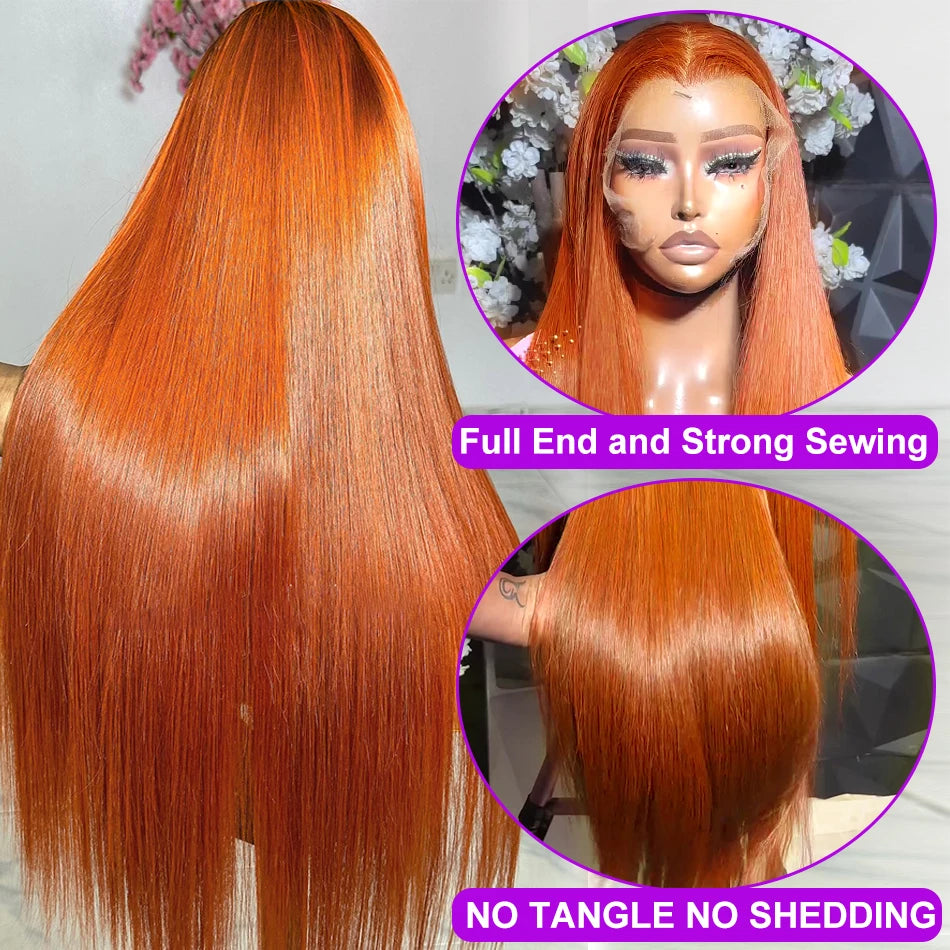 Orange Ginger Lace Frontal Wig 200 Density Bone Straight Lace Front Wig 13x4 13x6 Lace 100% Brazilian Colored Ginger Human Hair