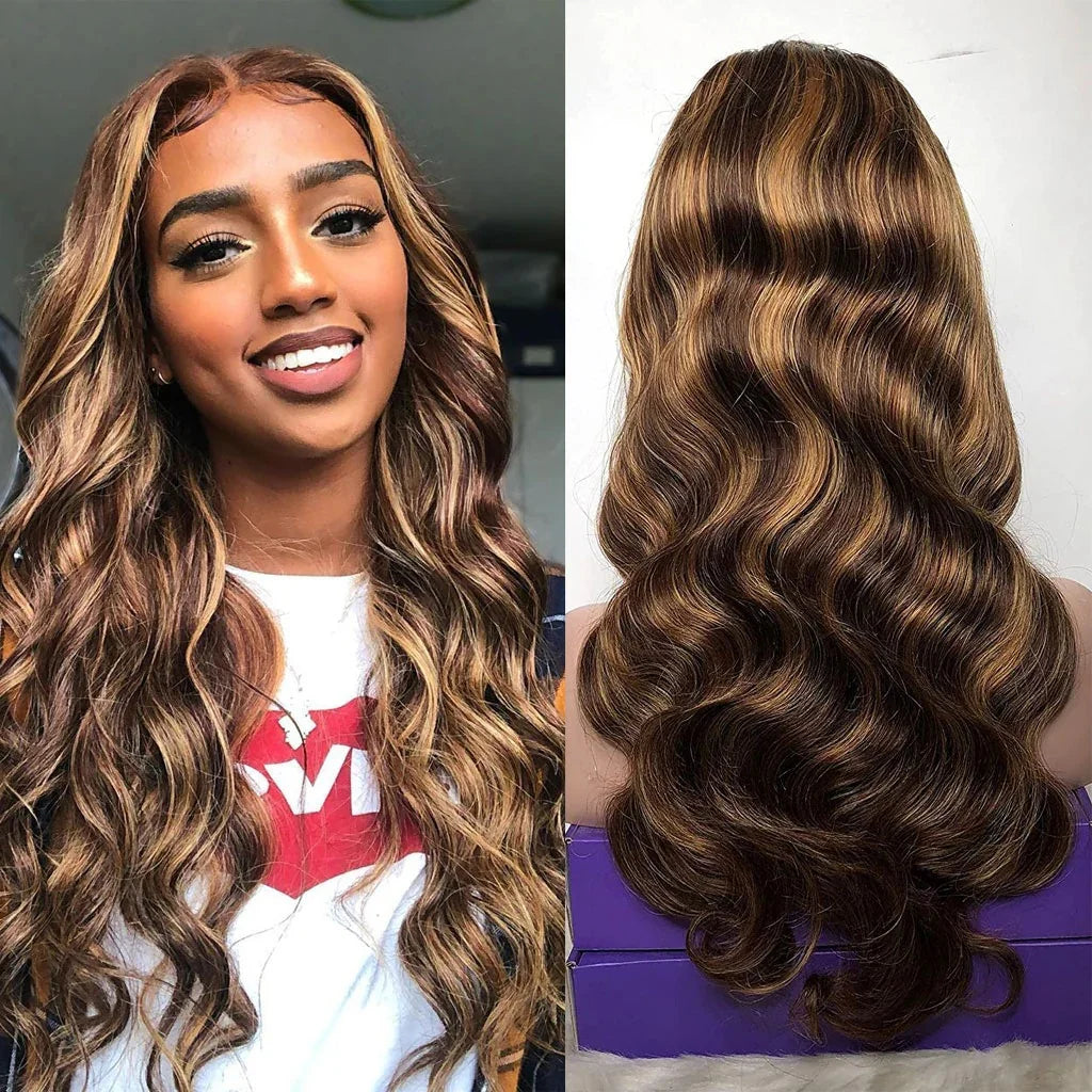 Pre Cut No Glue Glueless Wig Human Hair Ombre Color Highlight Body Wave 13x4 Lace Frontal Wigs 180% Density on Sale