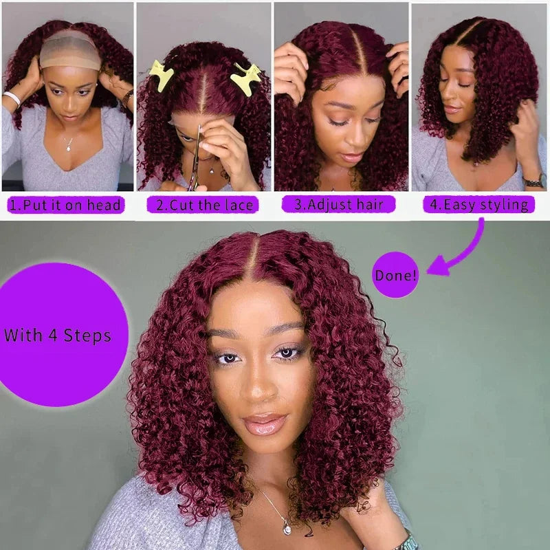 Reddish Brown Water Wave Lace Short Curly Wig Burgundy Red Remy Short Cut Bob Frontal Human Hair Wigs 100% Real Human Hair