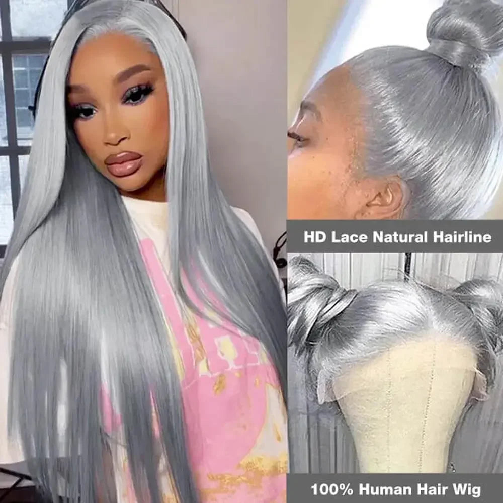 Silver Grey Straight Wigs Human Hair Vietnamese 250% Density 13x6 HD Lace Frontal Colored Wig 38 Pre Plucked With Black Women