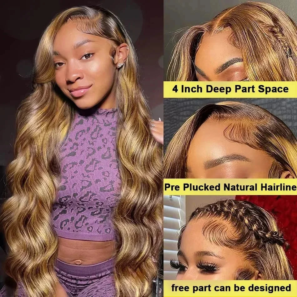 30 40 Inch 250 Density 4/27 Highlight Ombre Blonde Body Wave 13x4 Lace Front Wig Brown Color 13x6 HD Lace Frontal Human Hair Wig