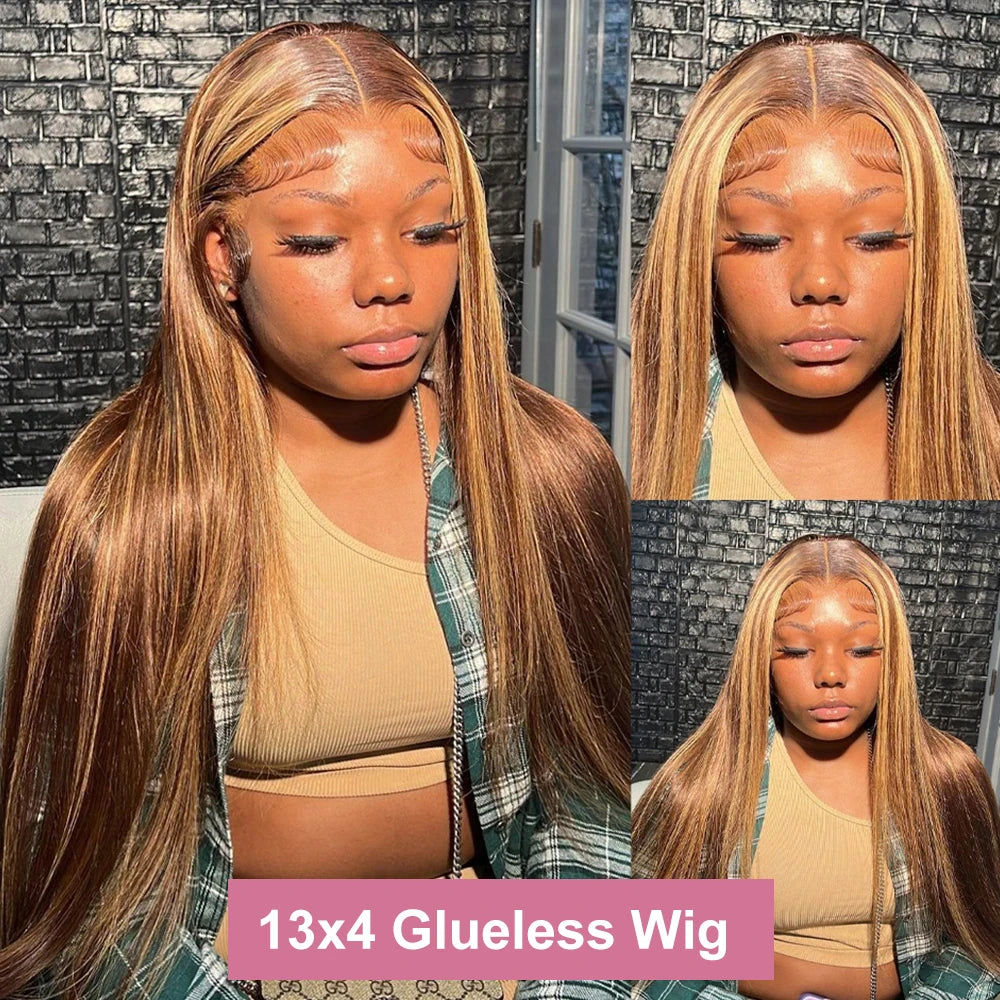 30 40 Inch Straight Glueless Highlight Wigs Human Hair Brazilian Honey Blonde Colored 7x5 Wear Go Glueless Wig Pre Cut Lace 250%