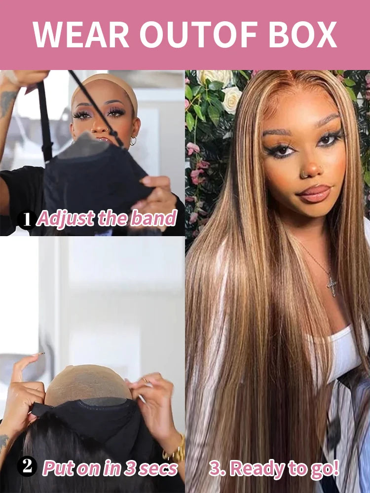 Wear And Go 13x4 Ombre Highlight Glueless Wig Human Hair Brazilian 30 40 Inch Straight Lace Front Wigs Human Hair For Women 250%