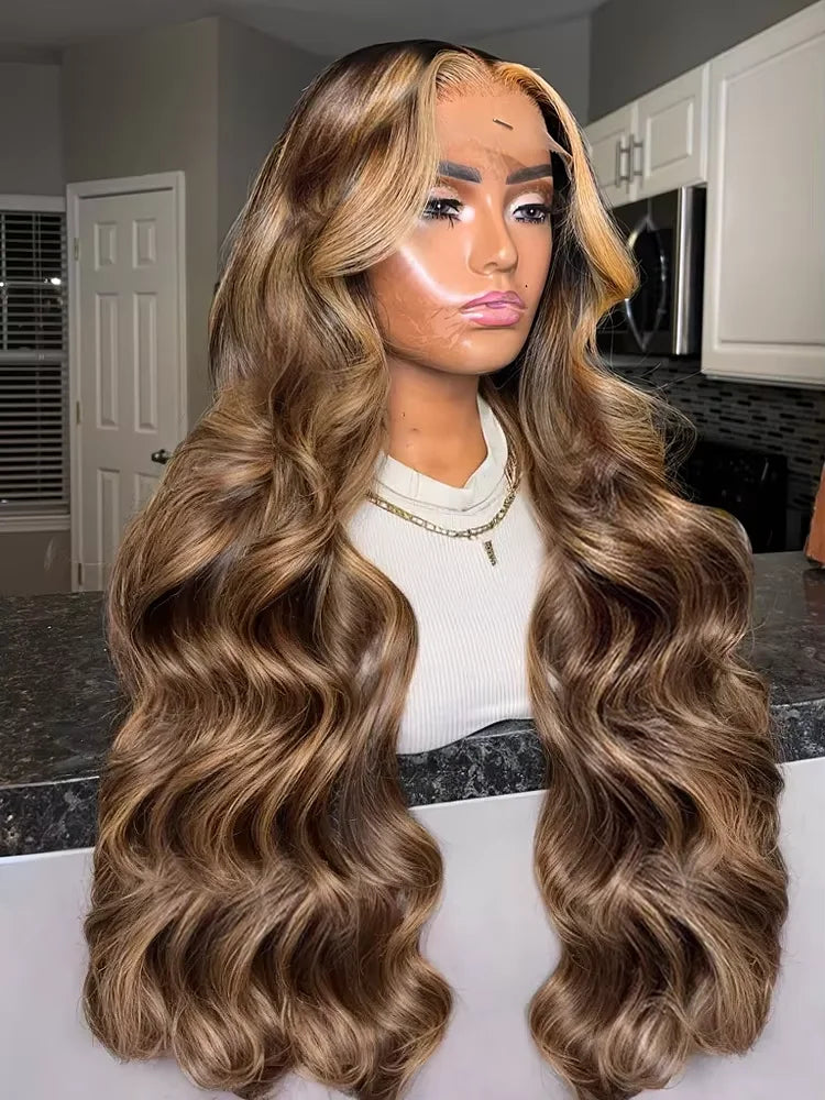 30 40 Inch 250 Density 4/27 Highlight Ombre Blonde Body Wave 13x4 Lace Front Wig Brown Color 13x6 HD Lace Frontal Human Hair Wig