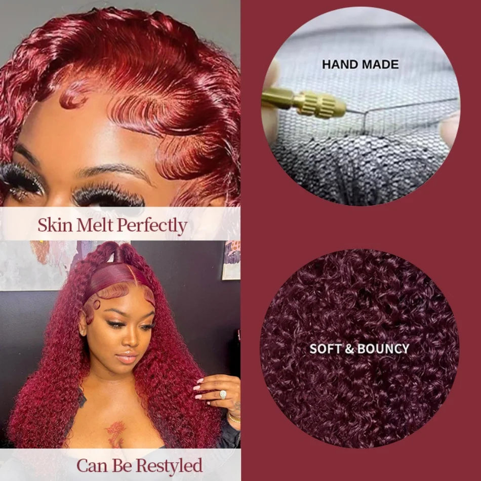 200 Density Burgundy 13x4 13x6 Hd Lace Frontal Red Remy Wig 100% Water Wave Curly Human Hair Pre Plucked Brazilian Colored Wigs